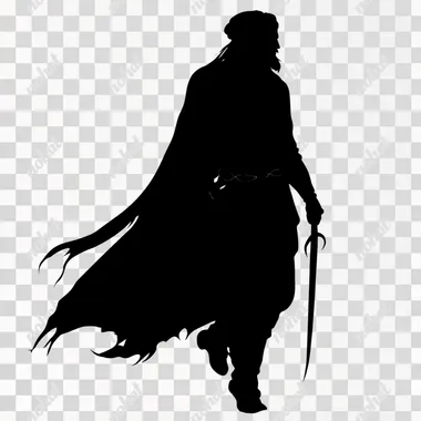 Black silhouette, profile view, a Haradrim man from the Tolkien universe, with a full classic beard, wearing a turban and a long cape. He is walking straight ahead, with a prominent scimitar clearly visible at his side, sheathed in a belt scabbard. The silhouette is sharp and detailed, ensuring the scimitar is visible, with simple and clear outlines and no background.