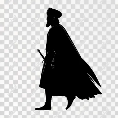 Black silhouette, profile view, a Haradrim man from the Tolkien universe, with a full classic beard, wearing a turban and a long cape. He is walking straight ahead, with a prominent scimitar clearly visible at his side, sheathed in a belt scabbard. The silhouette is sharp and detailed, ensuring the scimitar is visible, with simple and clear outlines and no background.