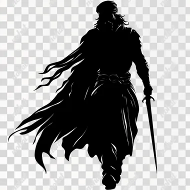 Black silhouette, profile view, a Haradrim man from the Tolkien universe, with a full classic beard, wearing a turban and a long cape. He is walking straight ahead, with a prominent scimitar clearly visible at his side, sheathed in a belt scabbard. The silhouette is sharp and detailed, ensuring the scimitar is visible, with simple and clear outlines and no background.