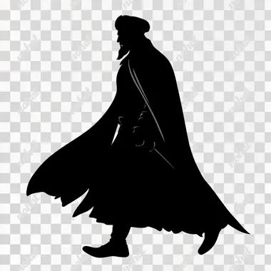 Black silhouette, profile view, a Haradrim man from the Tolkien universe, with a full classic beard, wearing a turban and a long cape. He is walking straight ahead, with a prominent scimitar clearly visible at his side, sheathed in a belt scabbard. The silhouette is sharp and detailed, ensuring the scimitar is visible, with simple and clear outlines and no background.