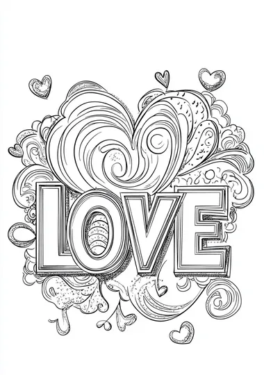 valentine's day with the text "LOVE", template, easy simple coloring page, white background, crisp lines   color
