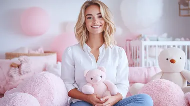 A young female interior designer styling a nursery, arranging cushions and soft toys, wearing a casual white blouse and jeans, pastel-colored walls and soft lighting creating a serene and joyful space    rofile cnsyg4m