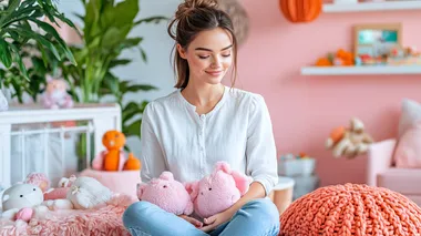 A young female interior designer styling a nursery, arranging cushions and soft toys, wearing a casual white blouse and jeans, pastel-colored walls and soft lighting creating a serene and joyful space    rofile cnsyg4m