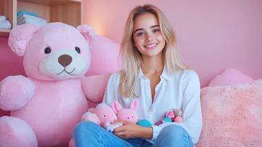 A young female interior designer styling a nursery, arranging cushions and soft toys, wearing a casual white blouse and jeans, pastel-colored walls and soft lighting creating a serene and joyful space    rofile cnsyg4m