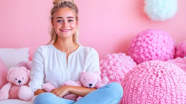 A young female interior designer styling a nursery, arranging cushions and soft toys, wearing a casual white blouse and jeans, pastel-colored walls and soft lighting creating a serene and joyful space    rofile cnsyg4m