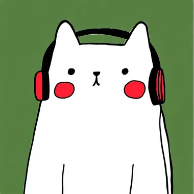 an illustration of a cute cat, listening in a headset, style is color pop with minimal details and a simple illustration, against a green background, in the style of Gemma Correll, featuring bold colors and a quirky, cartoonish character design.     kzilt9y