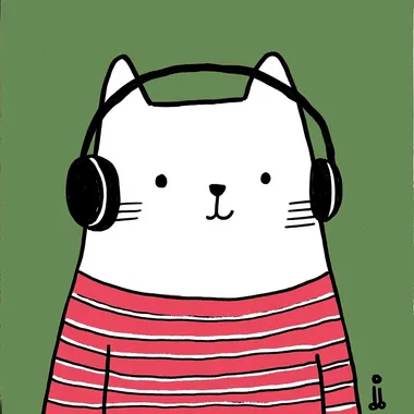 an illustration of a cute cat, listening in a headset, style is color pop with minimal details and a simple illustration, against a green background, in the style of Gemma Correll, featuring bold colors and a quirky, cartoonish character design.     kzilt9y
