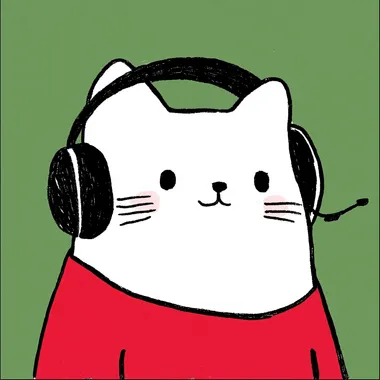 an illustration of a cute cat, listening in a headset, style is color pop with minimal details and a simple illustration, against a green background, in the style of Gemma Correll, featuring bold colors and a quirky, cartoonish character design.     kzilt9y