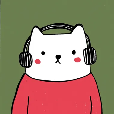 an illustration of a cute cat, listening in a headset, style is color pop with minimal details and a simple illustration, against a green background, in the style of Gemma Correll, featuring bold colors and a quirky, cartoonish character design.     kzilt9y