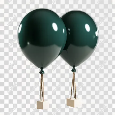 Two dark green hydrogen balloons, tied with a rope, with a small white brick underneath the rope, floating in the air, white background, bright light, real style, shot in a professional studio
