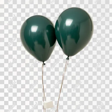 Two dark green hydrogen balloons, tied with a rope, with a small white brick underneath the rope, floating in the air, white background, bright light, real style, shot in a professional studio