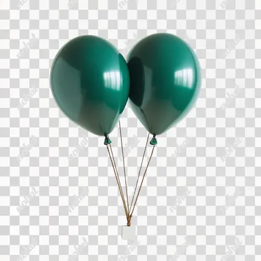Two dark green hydrogen balloons, tied with a rope, with a small white brick underneath the rope, floating in the air, white background, bright light, real style, shot in a professional studio