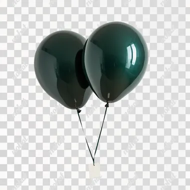Two dark green hydrogen balloons, tied with a rope, with a small white brick underneath the rope, floating in the air, white background, bright light, real style, shot in a professional studio
