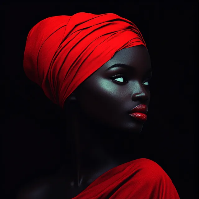 Beautiful African woman in red turban with striking black contrast