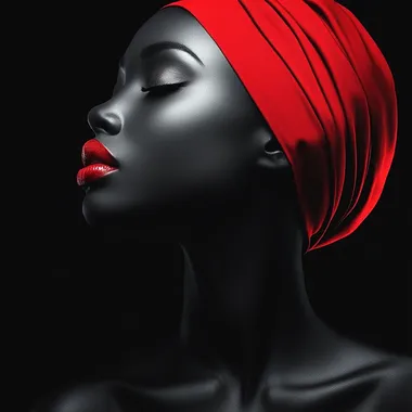 a stunning minimalistic image of a beautiful African lady. Super strong red and black contrast colors.