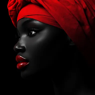 a stunning minimalistic image of a beautiful African lady. Super strong red and black contrast colors.