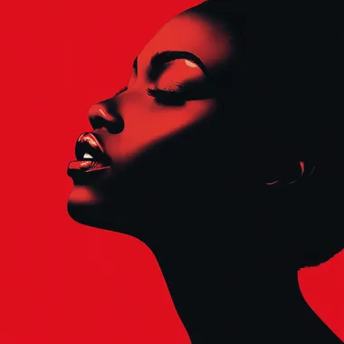 a stunning minimalistic image of a beautiful African lady. Super strong red and black contrast colors.