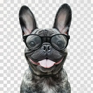 A Chinese pastoral dog with black glasses, pig nose, rabbit ears, smile, tongue sticking out, only head without body