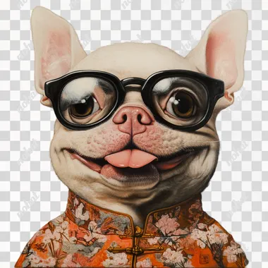 A Chinese pastoral dog with black glasses, pig nose, rabbit ears, smile, tongue sticking out, only head without body