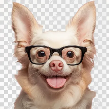 A Chinese pastoral dog with black glasses, pig nose, rabbit ears, smile, tongue sticking out, only head without body