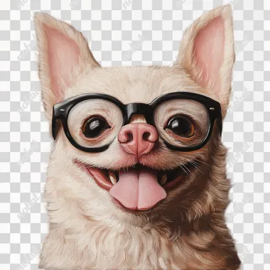 A Chinese pastoral dog with black glasses, pig nose, rabbit ears, smile, tongue sticking out, only head without body