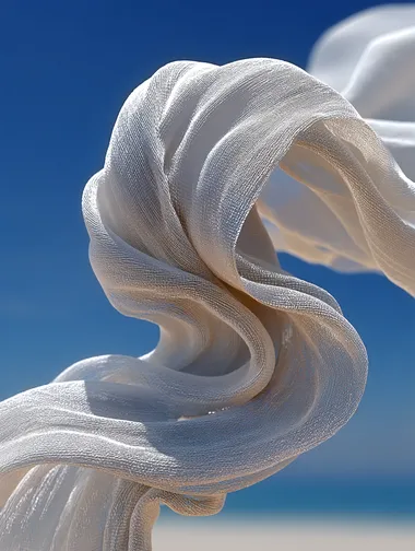 A photograph of a white fabric suspended in mid-air, with the wind swirling around it, creating an ethereal and dreamy effect. Highly detailed, ultra-realistic photography in the style of [Artist name].  --s 750