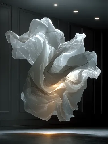 A photograph of a white fabric suspended in mid-air, with the wind swirling around it, creating an ethereal and dreamy effect. Highly detailed, ultra-realistic photography in the style of [Artist name].  --s 750