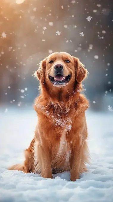 Dog front, handsome golden retriever sitting on the snow with smile