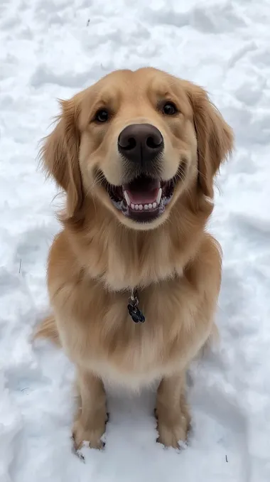 Dog front, handsome golden retriever sitting on the snow with smile