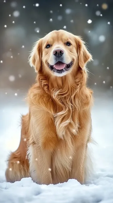 Dog front, handsome golden retriever sitting on the snow with smile