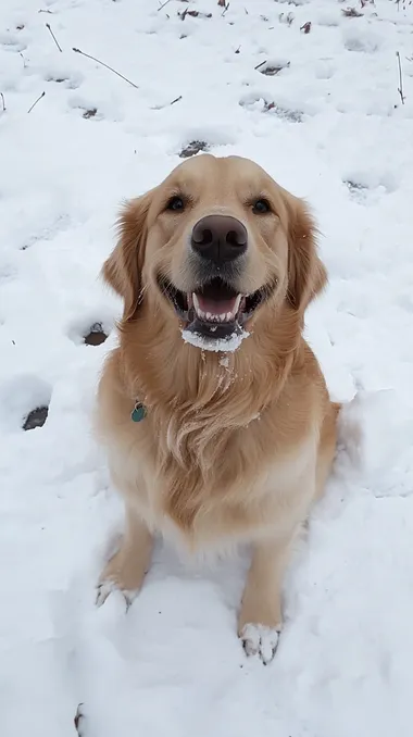 Dog front, handsome golden retriever sitting on the snow with smile