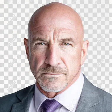 A headshot in a studio setting with a light neutral background of a white businessman age 55-year-old facing square to camera  --raw