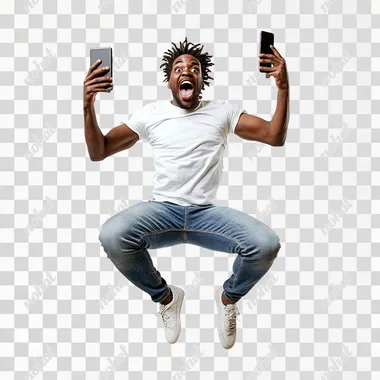 Photo of crazy screaming african man jumping up in excitement holding his cellphone, isolated on clean background, fish eye lense