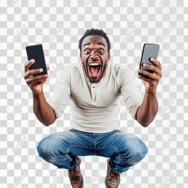 Photo of crazy screaming african man jumping up in excitement holding his cellphone, isolated on clean background, fish eye lense