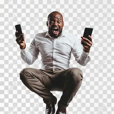 Photo of crazy screaming african man jumping up in excitement holding his cellphone, isolated on clean background, fish eye lense