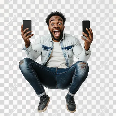 Photo of crazy screaming african man jumping up in excitement holding his cellphone, isolated on clean background, fish eye lense