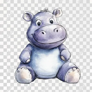 Create a watercolor vintage-style clip art illustration of a plush hippo, designed for a clipart bundle. The hippo should have a classic plush toy appearance with a charming, vintage aesthetic. Use gentle, muted colors like soft grays, light purples, and subtle blues to give the hippo a warm, nostalgic look. Add details such as round, cuddly features, stitched details, and a friendly, expressive face with small black eyes and a gentle smile. Ensure the hippo has a slightly worn, cozy feel, reminiscent of cherished vintage toys. The overall design should be detailed and inviting, making it perfect for a vintage plush animal clipart bundle --s 50   c38svlm