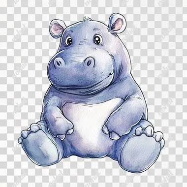 Create a watercolor vintage-style clip art illustration of a plush hippo, designed for a clipart bundle. The hippo should have a classic plush toy appearance with a charming, vintage aesthetic. Use gentle, muted colors like soft grays, light purples, and subtle blues to give the hippo a warm, nostalgic look. Add details such as round, cuddly features, stitched details, and a friendly, expressive face with small black eyes and a gentle smile. Ensure the hippo has a slightly worn, cozy feel, reminiscent of cherished vintage toys. The overall design should be detailed and inviting, making it perfect for a vintage plush animal clipart bundle --s 50   c38svlm