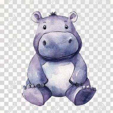 Create a watercolor vintage-style clip art illustration of a plush hippo, designed for a clipart bundle. The hippo should have a classic plush toy appearance with a charming, vintage aesthetic. Use gentle, muted colors like soft grays, light purples, and subtle blues to give the hippo a warm, nostalgic look. Add details such as round, cuddly features, stitched details, and a friendly, expressive face with small black eyes and a gentle smile. Ensure the hippo has a slightly worn, cozy feel, reminiscent of cherished vintage toys. The overall design should be detailed and inviting, making it perfect for a vintage plush animal clipart bundle --s 50   c38svlm