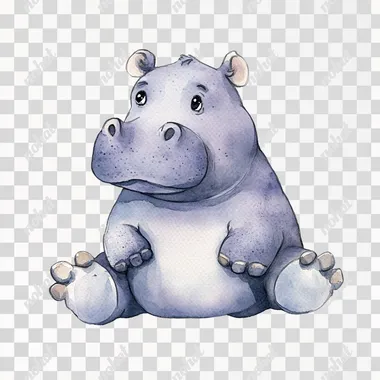 Create a watercolor vintage-style clip art illustration of a plush hippo, designed for a clipart bundle. The hippo should have a classic plush toy appearance with a charming, vintage aesthetic. Use gentle, muted colors like soft grays, light purples, and subtle blues to give the hippo a warm, nostalgic look. Add details such as round, cuddly features, stitched details, and a friendly, expressive face with small black eyes and a gentle smile. Ensure the hippo has a slightly worn, cozy feel, reminiscent of cherished vintage toys. The overall design should be detailed and inviting, making it perfect for a vintage plush animal clipart bundle --s 50   c38svlm