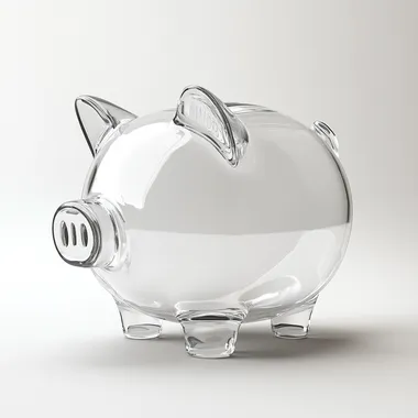 An empty piggy bank with a glass body. Pure white background, soft white lighting, side view. Hd mod, glowwave, simple, 3d, blender, oc render, in by pop mart, hyper detail, c4d, 8k, uhd.