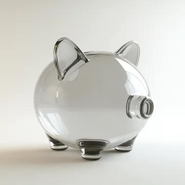 An empty piggy bank with a glass body. Pure white background, soft white lighting, side view. Hd mod, glowwave, simple, 3d, blender, oc render, in by pop mart, hyper detail, c4d, 8k, uhd.