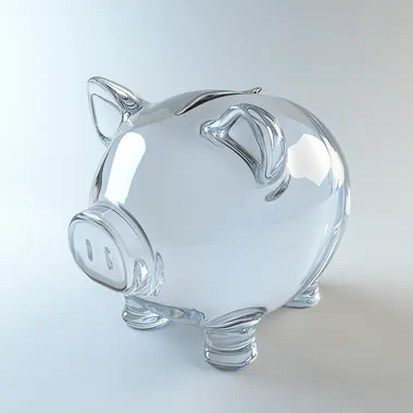 An empty piggy bank with a glass body. Pure white background, soft white lighting, side view. Hd mod, glowwave, simple, 3d, blender, oc render, in by pop mart, hyper detail, c4d, 8k, uhd.