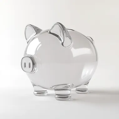 An empty piggy bank with a glass body. Pure white background, soft white lighting, side view. Hd mod, glowwave, simple, 3d, blender, oc render, in by pop mart, hyper detail, c4d, 8k, uhd.