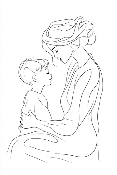 Full-body scene, line art style, minimalism, 1-line art vector illustration. A mother gently pats her young son's head with a loving and affectionate gesture. The composition emphasizes warmth and tenderness through clean, flowing lines. Simple and elegant design, capturing the deep emotional bond between them. White background for a minimalist and modern aesthetic. Icon-style illustration.
