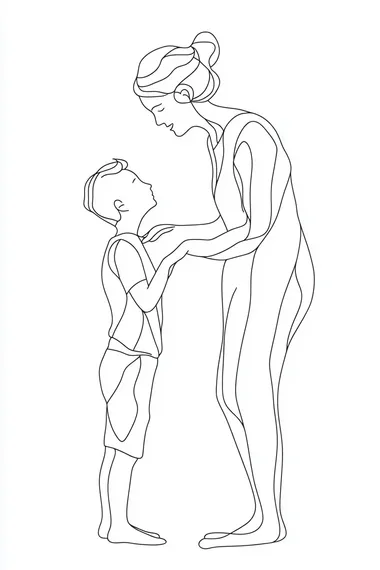 Full-body scene, line art style, minimalism, 1-line art vector illustration. A mother gently pats her young son's head with a loving and affectionate gesture. The composition emphasizes warmth and tenderness through clean, flowing lines. Simple and elegant design, capturing the deep emotional bond between them. White background for a minimalist and modern aesthetic. Icon-style illustration.