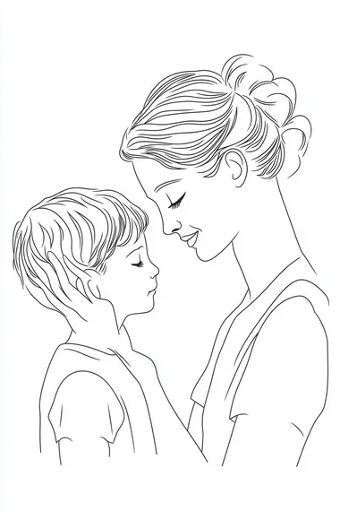 Full-body scene, line art style, minimalism, 1-line art vector illustration. A mother gently pats her young son's head with a loving and affectionate gesture. The composition emphasizes warmth and tenderness through clean, flowing lines. Simple and elegant design, capturing the deep emotional bond between them. White background for a minimalist and modern aesthetic. Icon-style illustration.