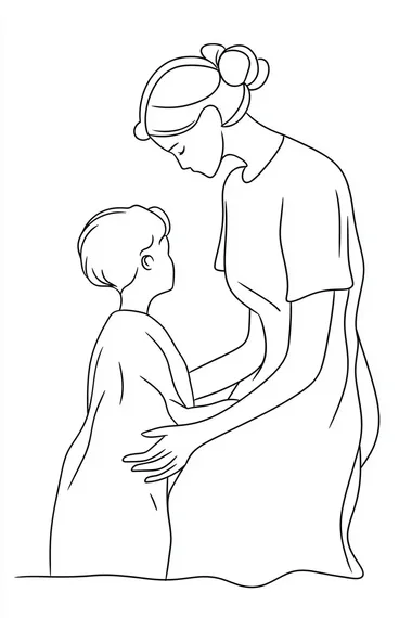 Full-body scene, line art style, minimalism, 1-line art vector illustration. A mother gently pats her young son's head with a loving and affectionate gesture. The composition emphasizes warmth and tenderness through clean, flowing lines. Simple and elegant design, capturing the deep emotional bond between them. White background for a minimalist and modern aesthetic. Icon-style illustration.