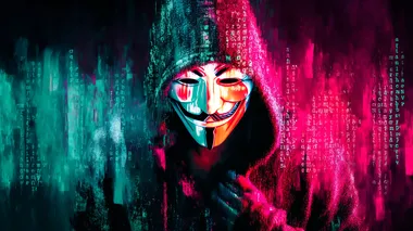 Create a dark hacker anonymous type desktop background. put code and scripts in the background. details 4k image. More blue tones with dark sci fi colours. The edges should be dark with vignette. The anonymous mask on the face should be visitble     rofile a3fetuw