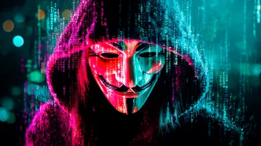 Create a dark hacker anonymous type desktop background. put code and scripts in the background. details 4k image. More blue tones with dark sci fi colours. The edges should be dark with vignette. The anonymous mask on the face should be visitble     rofile a3fetuw